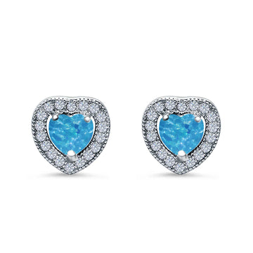Halo Heart Engagement Lab Created Blue Opal Earrings 925 Sterling Silver